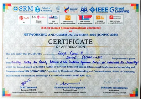 Best Paper Award at IEEE sponsored ICNWC - 2024 Conference