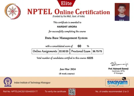 NPTEL Certification Database Management Systems (DBMS) from Indian Institute of Technology, Kharagpur