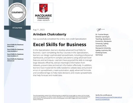 Excel Skills for Business Specialization, provided by Coursera