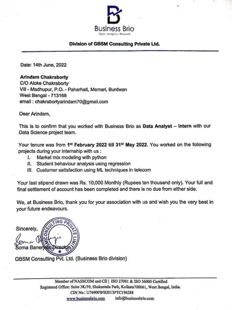 Internship Certificate From Business Brio