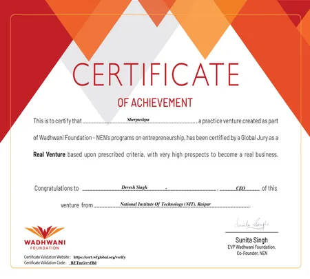 Wadhwani - Certificate of Achievement