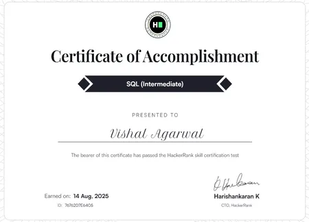 SQL Intermediate Certificate From Hackerrank