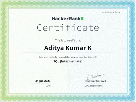 SQL Intermediate Certificate from HackerRank