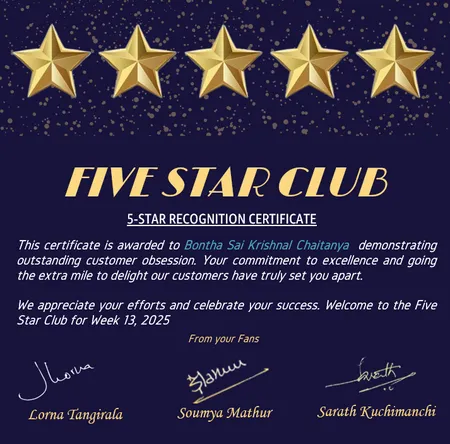 Amazon 5-STAR RECOGNITION CERTIFICATE