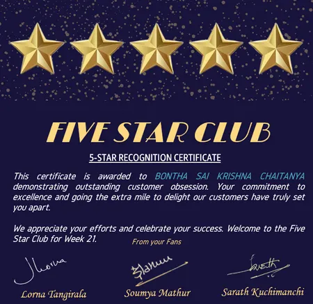 Amazon 5-STAR RECOGNITION CERTIFICATE