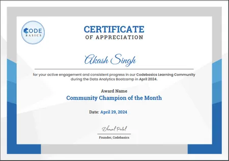 Community Champion Certificate | Codebasics