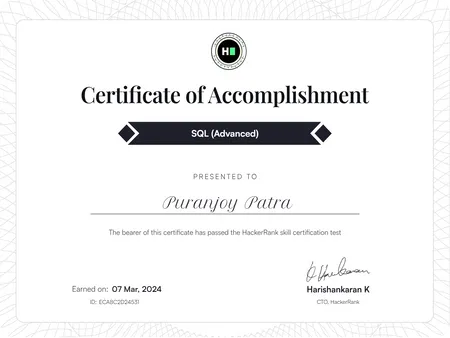 SQL (Advance) certified by HackerRank