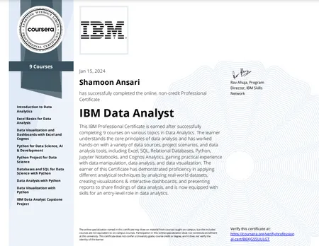 IBM Data Analyst Professional Certificate - Coursera