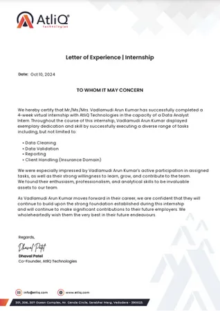 Letter of Experience Internship