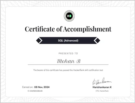 HackerRank SQL Advanced Skill Certificate