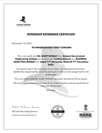 Coding Samurai - Internship Experience Certificate