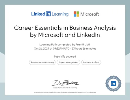 Certificate of Career Essentials in Business Analysis by Microsoft.