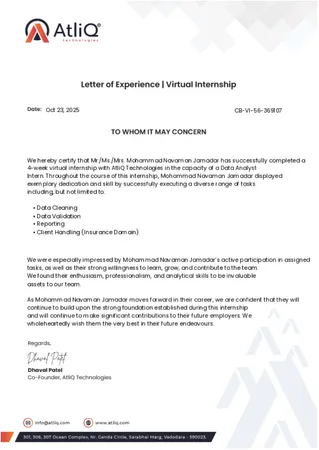 Letter of Experience – Data Analyst Virtual Internship (AtliQ Technologies)