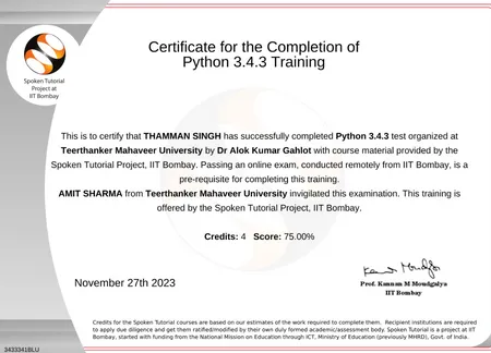 Certificate for the Completion of Python 3.4.3 Training