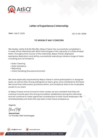 Internship: Letter of Experience