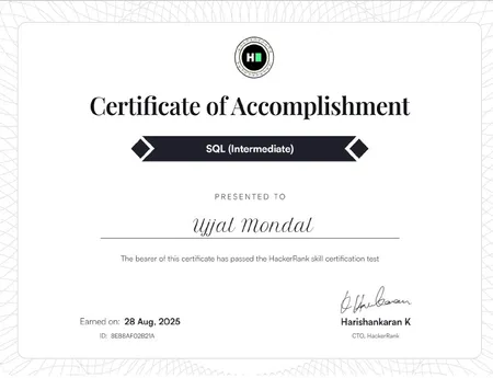 SQL  Certificate by Hackerrank