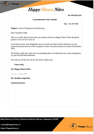 Internship Experience Certificate From Happy Fitness Nitro
