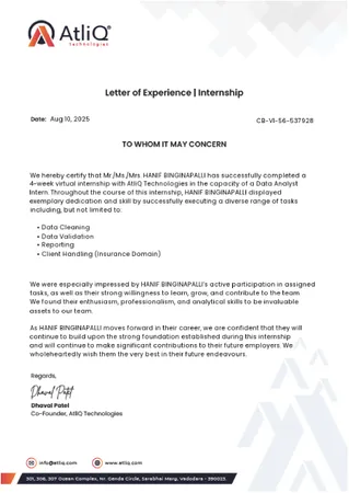 Letter of Experience | Internship (Atliq Technologies)