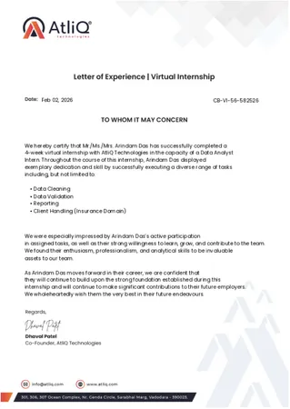 Letter of Experience | Virtual Internship