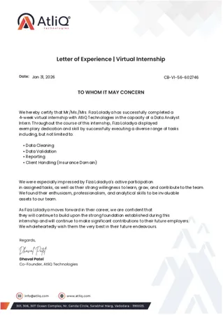 AtliQ Technologies — Letter of Experience (Virtual Internship) | Data Analyst Intern