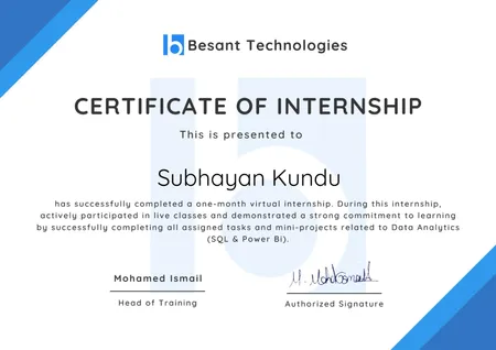 Data Analytics Internship Certificate – Besant Technologies
