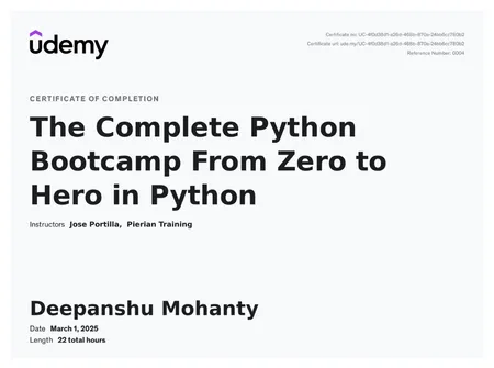 Udemy Certificate in Python Programming Language