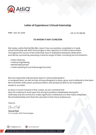 AtliQ Technologies Internship 1 Experience Letter