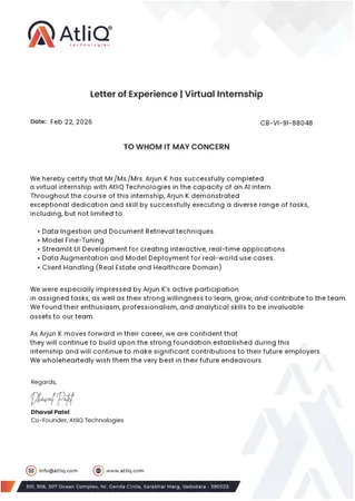 AtliQ Technologies Internship 2 Experience Letter