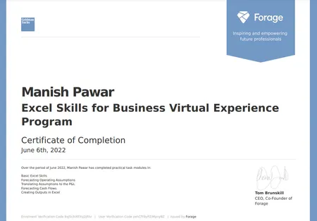 Excel Certificate by Golman Sachs
