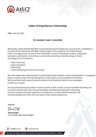 Letter of Experience || Internship