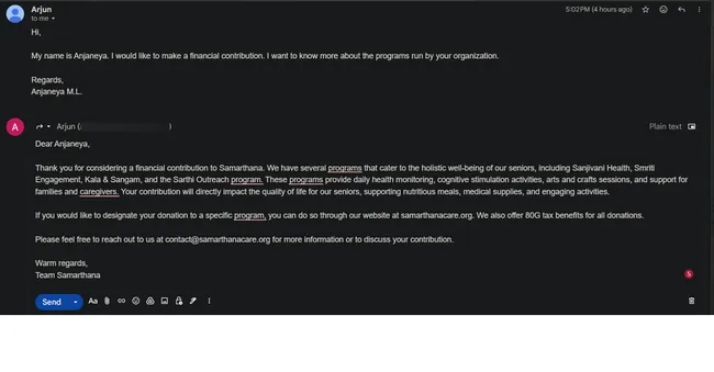 Email Draft Agent for Samarthana: An elder focused day-care NGO